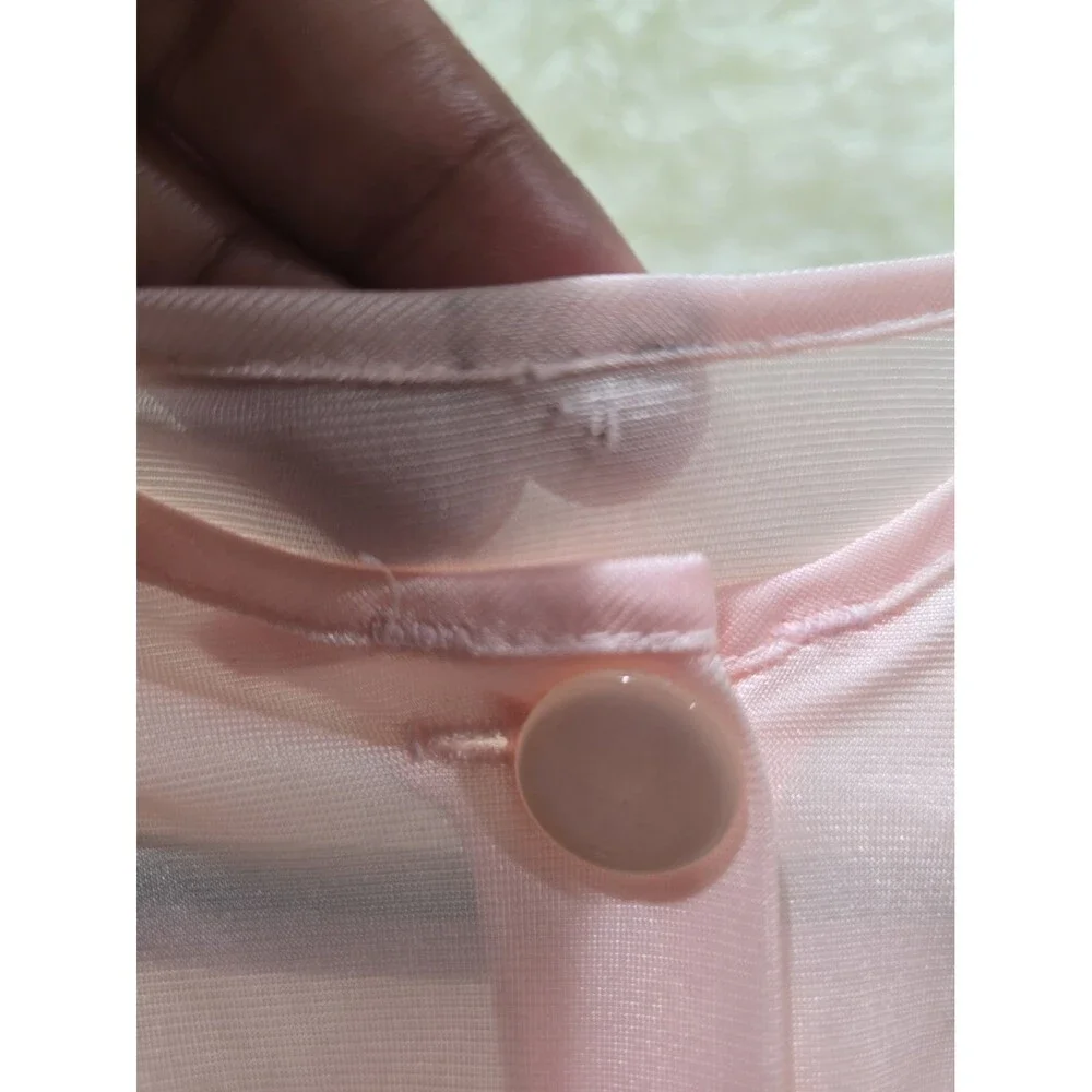 Vintage Made Isn USA Long Nylon Pink Nightgown Button-Up Lace Embroidery Trim L
